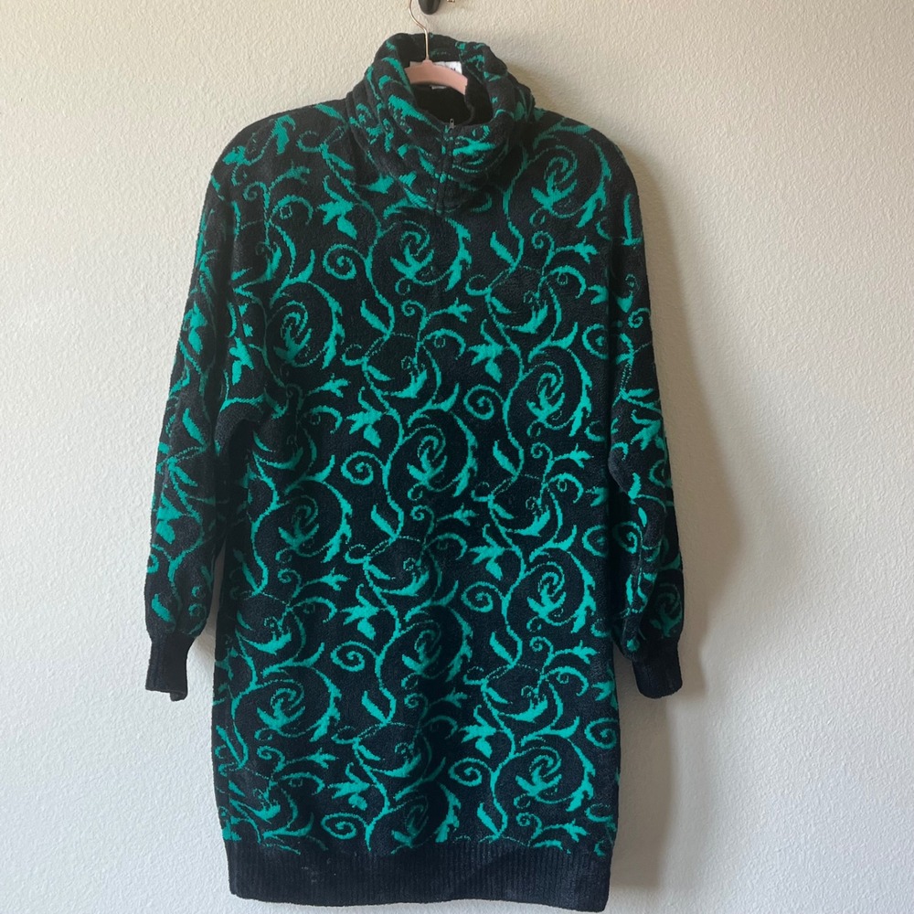 Vintage St. John Sportswear Sweater Dress Black Green Floral Pullover USA Retro